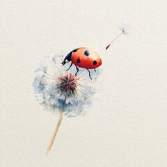 Obraz premium Ladybug on Dandelion: a single ladybug perched gracefully atop a delicate dandelion, as a seed floats away in the breeze, evoking feelings of simplicity and nature's elegance.