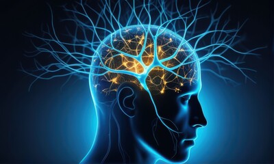 Abstract Human Head with Brain Neural Network Connections Glows in Blue