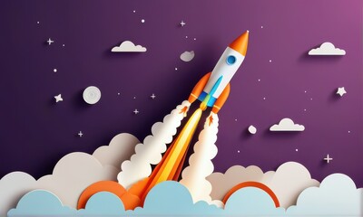 Artistic Rocket Launching Through Clouds Against a Purple Sky Background