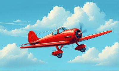 Bright Red Airplane Soaring Through a Sky Filled with Fluffy Clouds