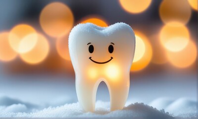 Cartoon Tooth Character with Smiling Face on a Snowy Surface and Bokeh Background