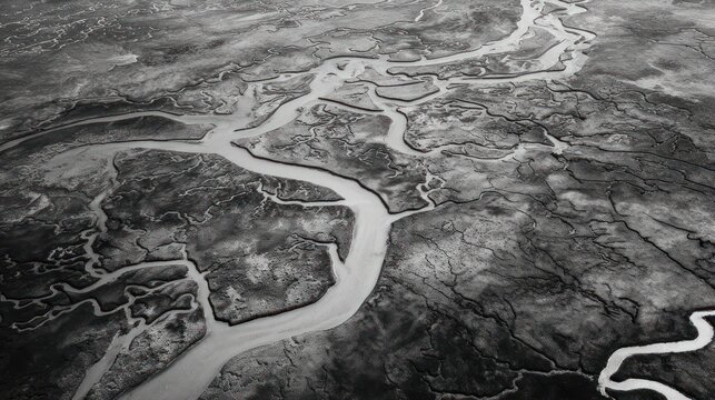 Aerial black and white shot of a winding river delta and adjacent muddy land