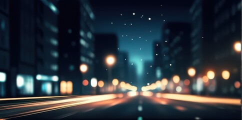 City Nightscape with Blurred Lights on Road with Tall Buildings in Dark Backdrop