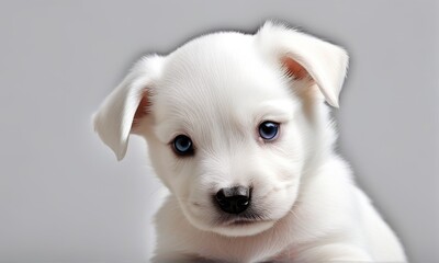 Close Up of Adorable White Puppy with Blue Eyes on Light Gray Background