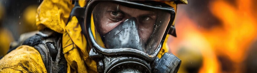 Fototapeta premium Man in protective yellow suit and gas mask concept. Firefighter in protective gear facing smoke and flames intensely.