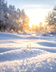 Sunlit winter scene; snow-covered ground with plants peeking through, sun in background