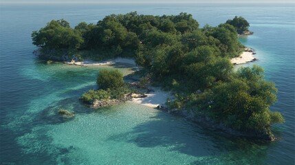 Fototapeta premium Island Paradise in Serene Waters: Aerial view showcasing a stunning island embraced by clear, tranquil water. The islet is abundant with verdant trees.