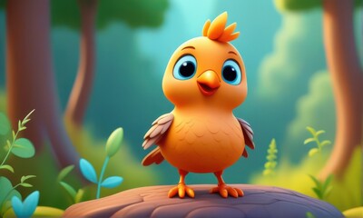 Cute Cartoon Style Yellow Chick Stands on Stone in Forest with Soft Bokeh Lighting