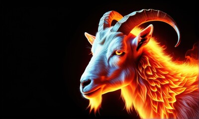 Dramatic Flaming Goat with Intense Gaze and Horns on Black Backdrop
