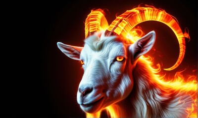 Dramatic Goat Portrait Engulfed in Flames with Intense Orange Glow on Black Background