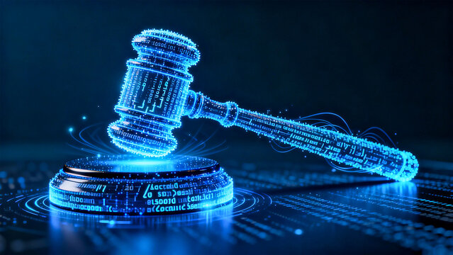Digital gavel with binary code illuminated in blue against a dark background showcasing technology - Powered by Adobe