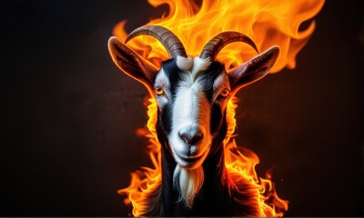 Dramatic Portrait of Black and White Goat Enveloped in Intense Orange Flames Against Dark Backdrop
