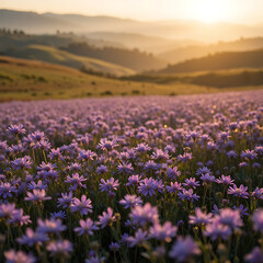 Fototapeta premium A photograph of a vast clearing overflowing with delicate purple field flowers bathed in the soft light of early morning.