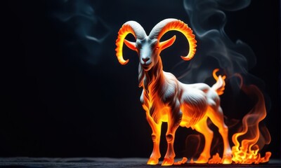 Fiery Goat with Curling Horns Standing on Dark Surface with Smoke