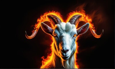 Flaming Goat Portrait Isolated on Black Background with Fiery Horns and Eyes