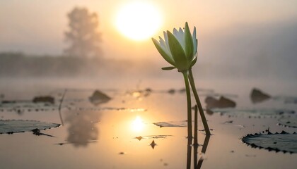Sunrise illuminates a single white water lily emerging from calm water, mist in the background