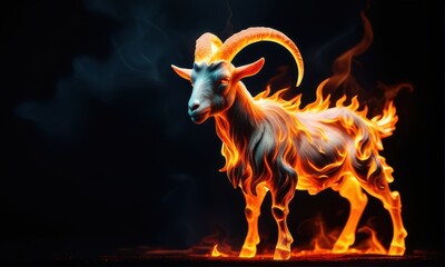Fiery Ram Standing Amidst Flames with Horns on Dark Background