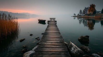 Serene seaside dock in mist high resolution image