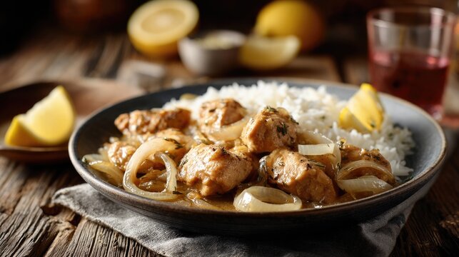 Chicken Yassa with Fluffy Rice and Caramelized Onions
