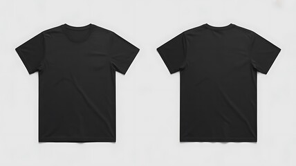 Front and back view of a black tshirt isolated on white background, displaying the details and shape of the clothing item