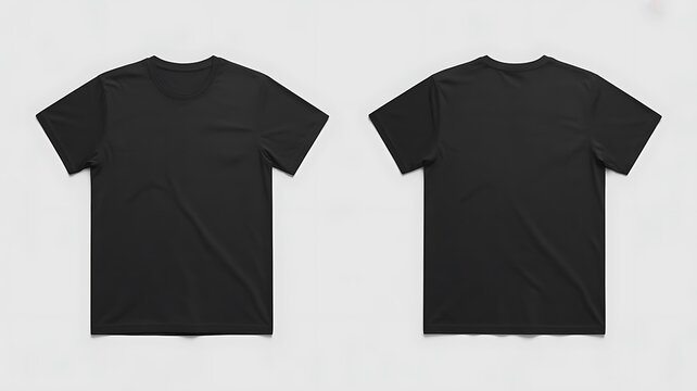 Front and back view of a black tshirt isolated on white background, displaying the details and shape of the clothing item