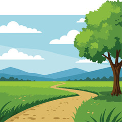Obraz premium Nature landscape with green tree and winding dirt path under blue sky with clouds vector illustration 