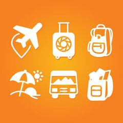 Vacation and Travel Icons Set, Backpack, Map, Luggage, Suitcase, Adventure, Tourism, Vector Illustration