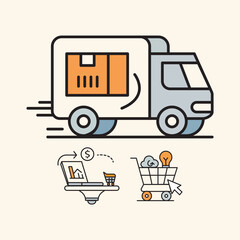 Business Vehicle, Shopping Cart, and Laptop Icons Set, E-Commerce, Office, and Technology Vector Illustration
