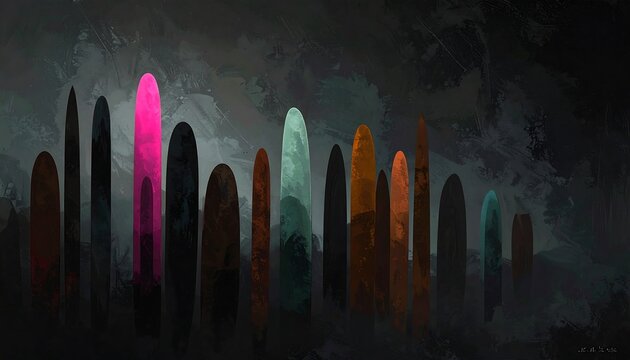 Abstract colorful surfboards standing upright in a dark, moody setting, creating a vibrant and mysterious atmosphere.