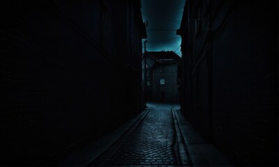 Moody Alleyway at Night with Cobblestone Road and Dim Lighting in Deep Blue Monochrome