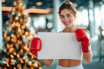 A smiling female boxer holds a blank sign while standing near a beautifully decorated Christmas tree, blending holiday spirit with fitness.