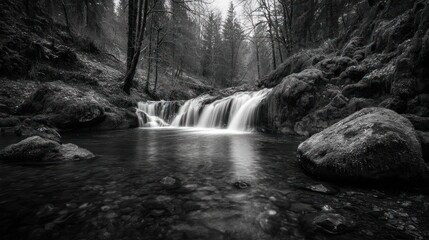Misty forest stream waterfall