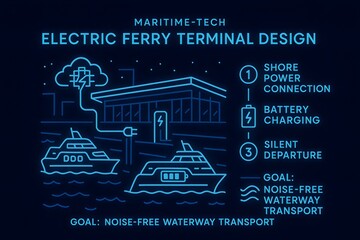 Obraz premium Electric Ferry Terminal Design with Charging Infrastructure and Sustainable Transport for Urban Mobility