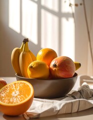 Sunlit bowl of assorted fruit, including bananas, oranges, mango, and lemon, on a table