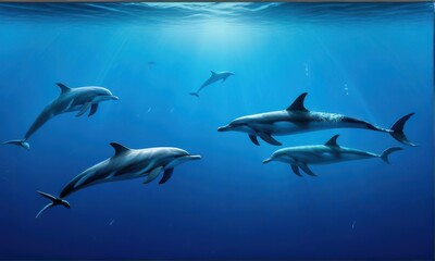 Fototapeta premium Pod of Dolphins Swimming Gracefully in Deep Blue Ocean with Sun Rays Filtering Through the Water