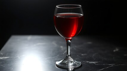Crystal wineglass with red liquid, dramatic backlight creating refraction, dark marble surface.