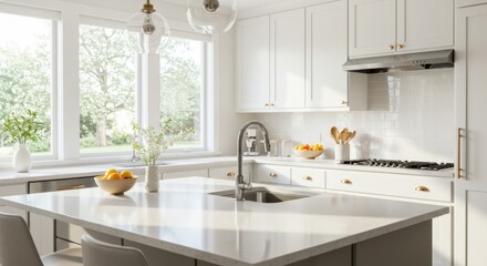 Modern white kitchen with marble island and natural light  