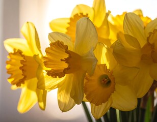 Sunlit bouquet of yellow daffodils, petals backlit, showing vibrant color and texture