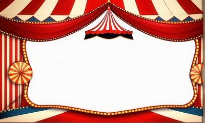 Striped Red and White Circus Tent Backdrop with Copy Space and Decorative Lights