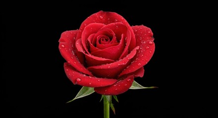 Red rose with droplets on petals against black background  