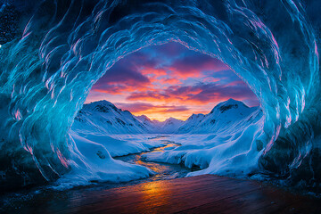 Naklejka premium Frozen Majesty: Ice Cave Opening to a Snowy Valley and a Vibrant Winter Sunset