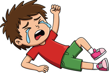 Crying little boy lying on ground in red shirt and green shorts vector illustration of upset child with tears and pink sneakers 