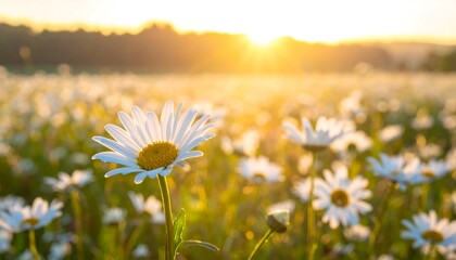 Sunlit field of daisies at sunset, focus on a single flower in the foreground