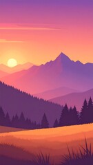 Sunset over a mountain range, vibrant hues paint the sky and landscape