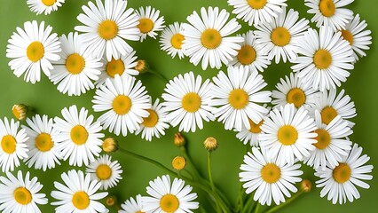 A natural arrangement of white daisies against a green background, exuding freshness.