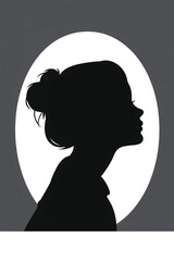 Woman Profile Silhouette with Hair Bun against White Oval Backdrop.  Adobe Illustrator Artwork