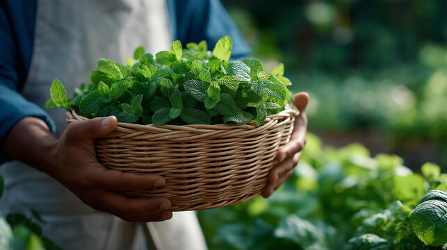 Holding a basket of freshly picked herbs gardener’s hands represent herbal medicine organic flavors culinary traditions and the healing power of plants. three quarter wide