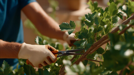 The tactile textures of bark and leaves are explored through gardener&rsquo;s hands pruning old branches symbolizing renewal natural cycles and the artistry of shaping landscapes.