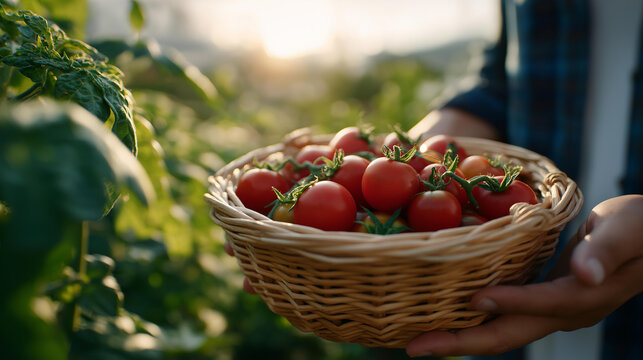 Sunset light catches gardener’s hands harvesting fresh tomatoes into a wicker basket symbolizing sustainability homegrown nutrition and the rewards of eco conscious living. - Powered by Adobe