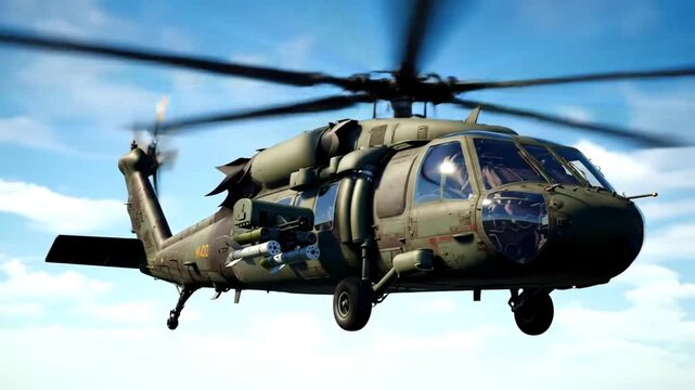 Military copter soaring amid fluffy clouds